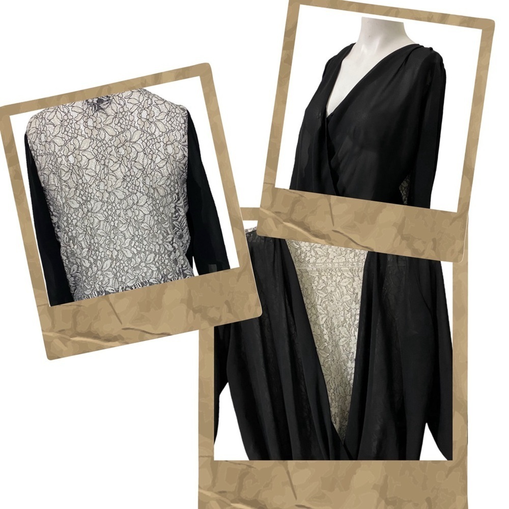 IZ Byer Woman’s Black Sheer Top with Cream Color Lace Roll Tab Sleeves  Jr Sz M